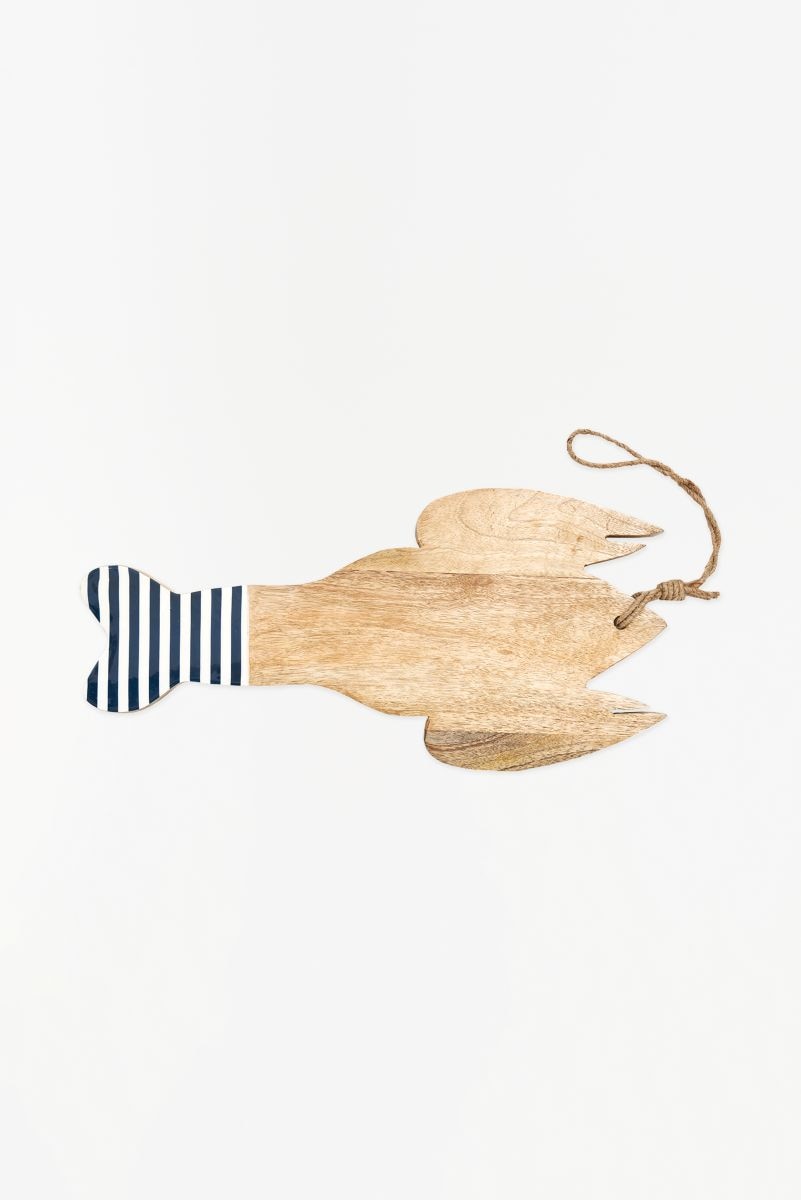D7361 - Lobster-Shaped Cutting Board, Wood w/ Striped Enamel, Navy/White, L: 18.5" - W: 8.8" (x2)